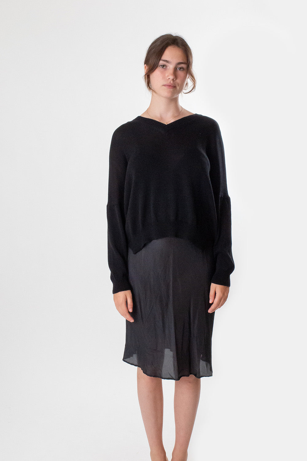 Pima Cotton V Neck Pullover in Black