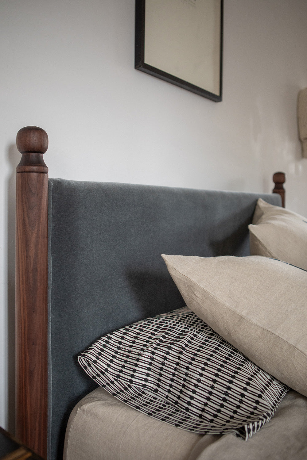 Yves Queen Bed in Slate Mohair Velvet and Walnut - Floor Model