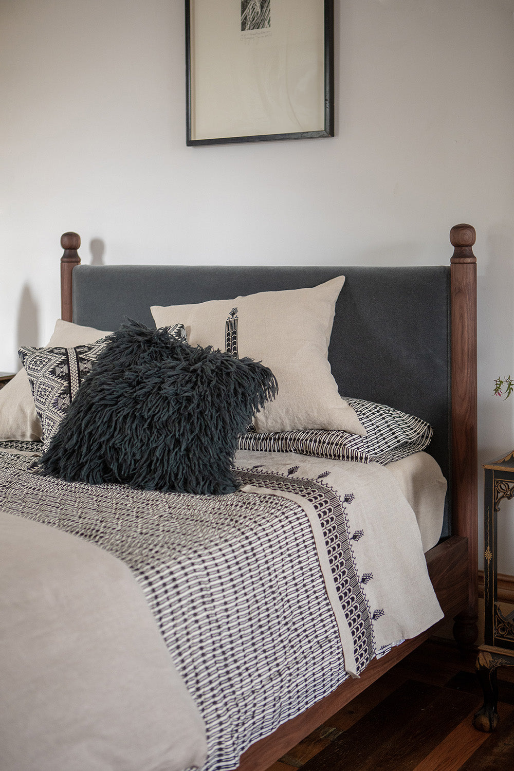 Yves Queen Bed in Slate Mohair Velvet and Walnut - Floor Model
