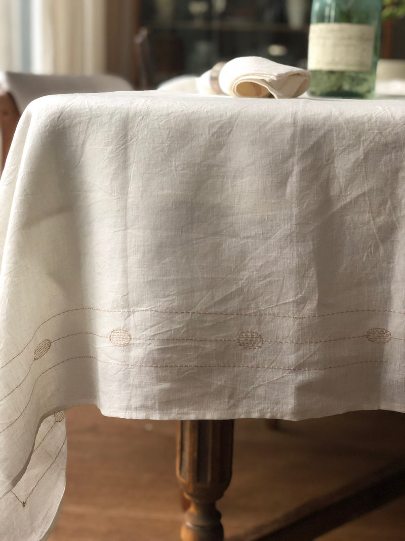 Square Totem Tablecloth in Hand-embroidered Soft White Linen