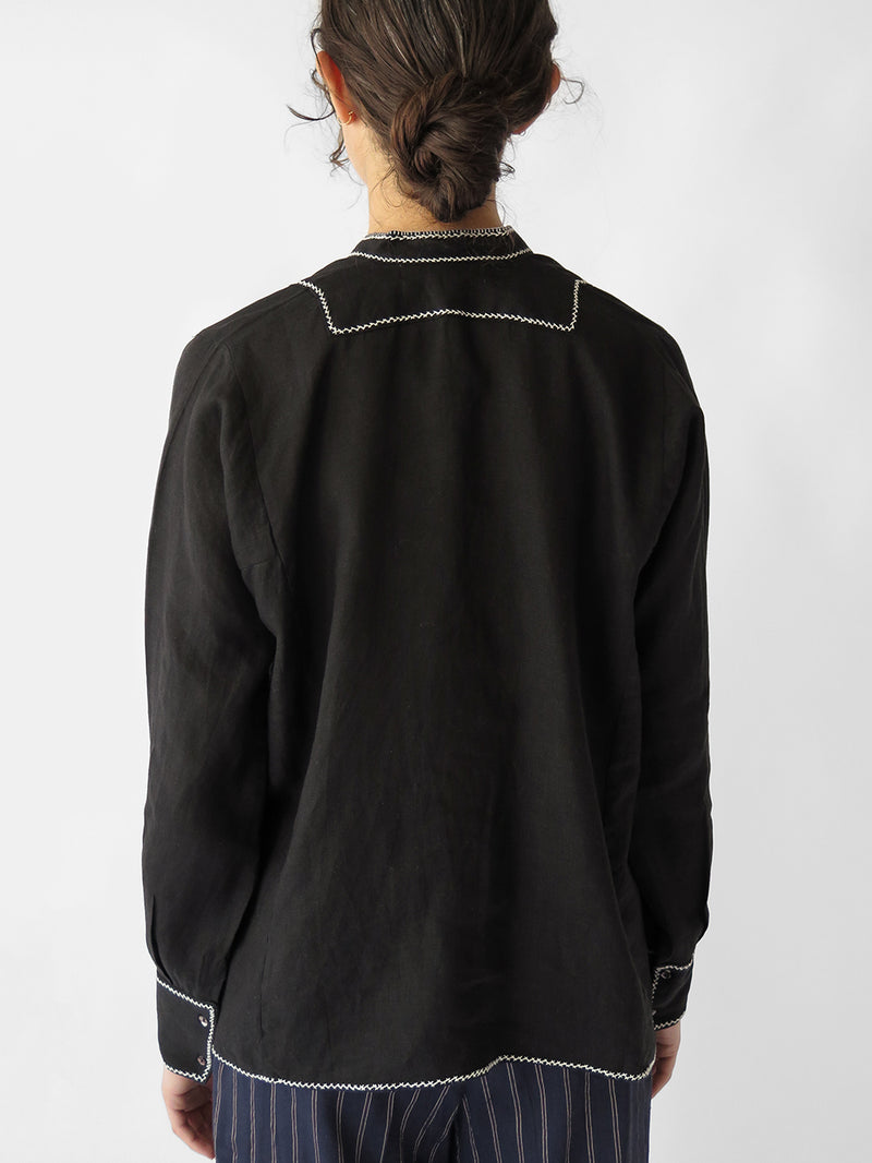 Aarika Linen Hand Embroidered Top in Black