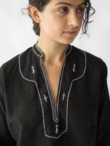 Aarika Linen Hand Embroidered Top in Black