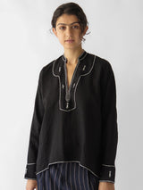 Aarika Linen Hand Embroidered Top in Black
