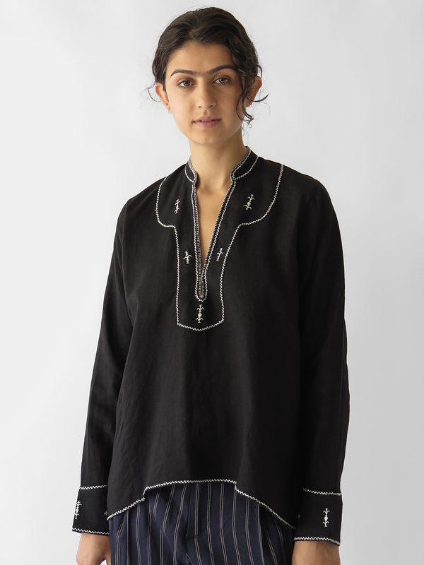 Aarika Linen Hand Embroidered Top in Black