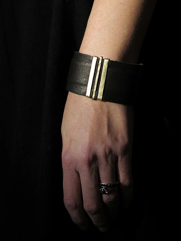 Christy Lea Payne Black Leather Flexicuff with Triple Bronze Bar