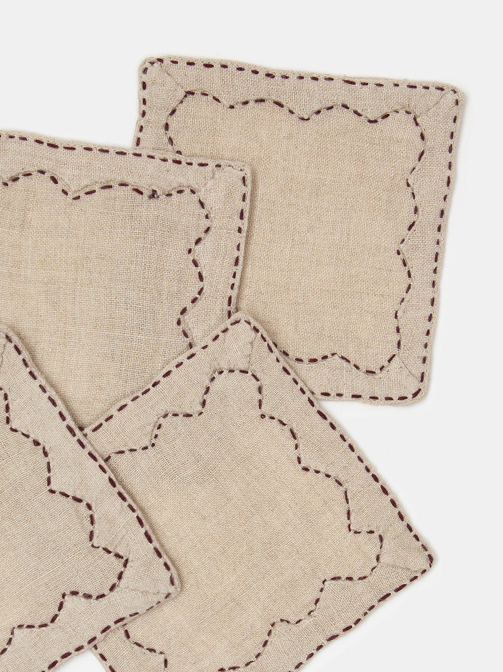 Set of 4 Mountain Coasters in Hand-embroidered Natural Linen