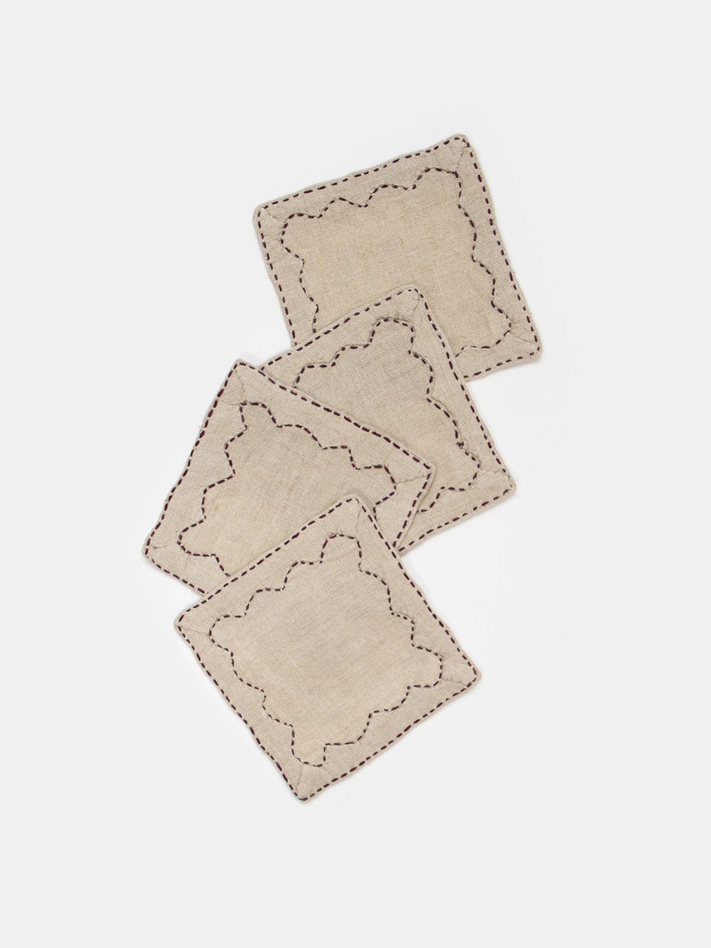 Set of 4 Mountain Coasters in Hand-embroidered Natural Linen