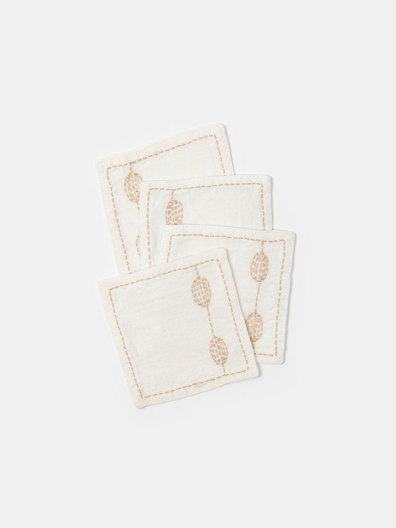 Set of 4 Totem Coasters in Hand-embroidered Soft White Linen