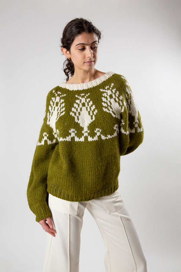 Alpaca and Wool Cypress Pullover in Moss/Cream