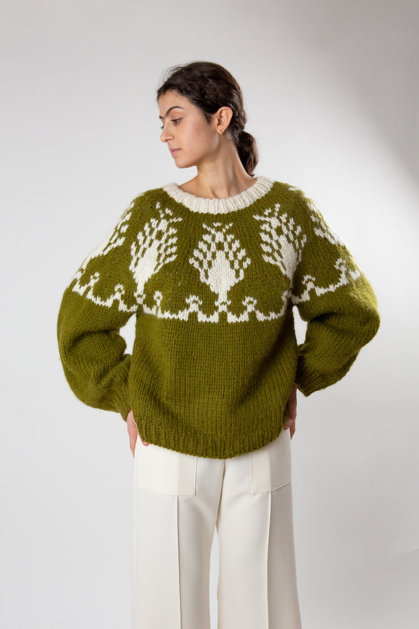 Alpaca and Wool Cypress Pullover in Moss/Cream