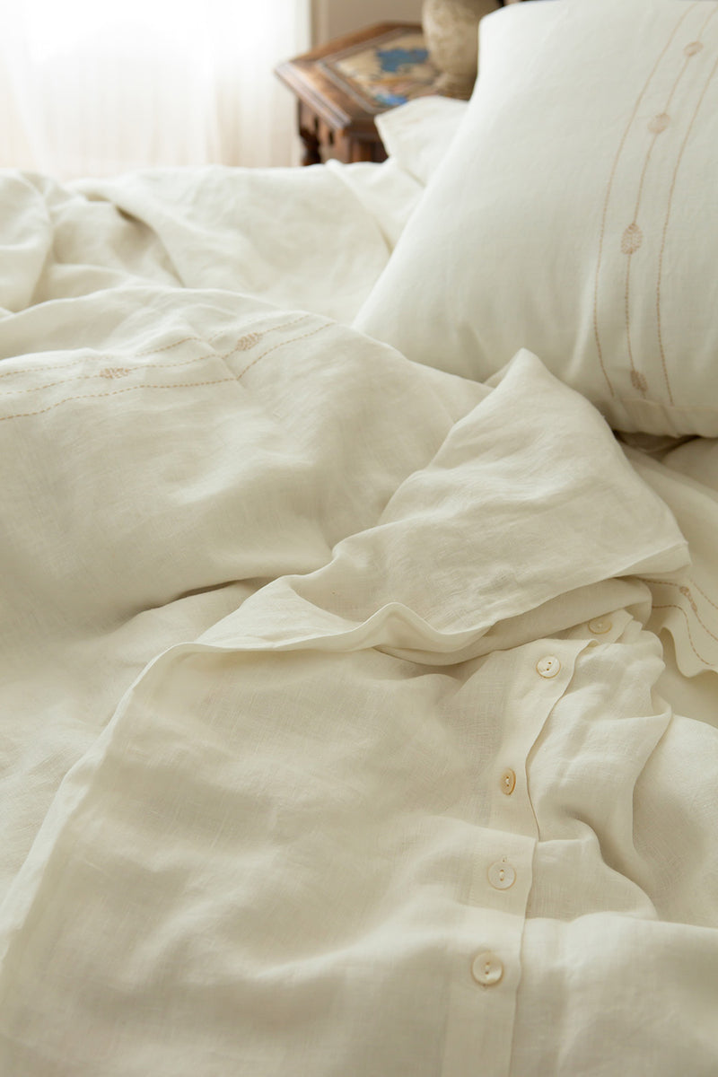 Totem Hand-embroidered Duvet Cover in Soft White Linen