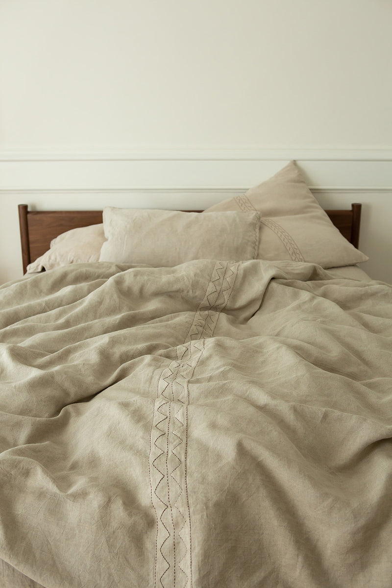 Mountain Duvet Cover in Natural Hand-embroidered Linen