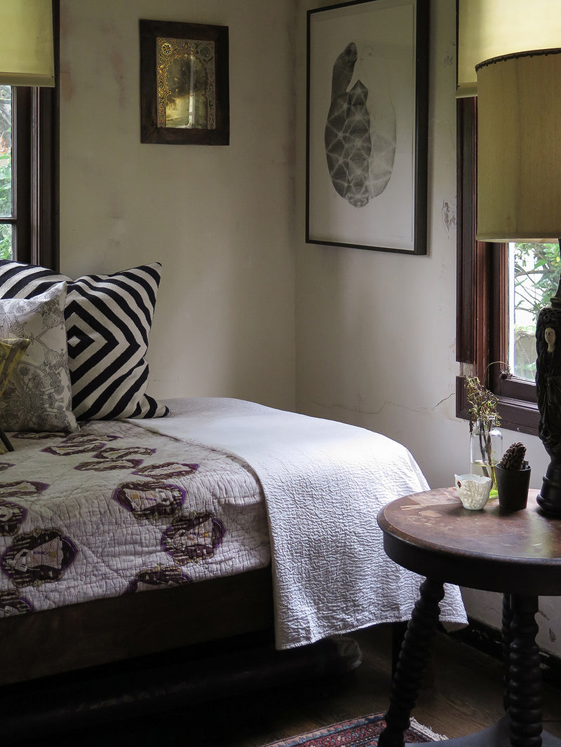 Cotton Kantha Quilt in White/Natural