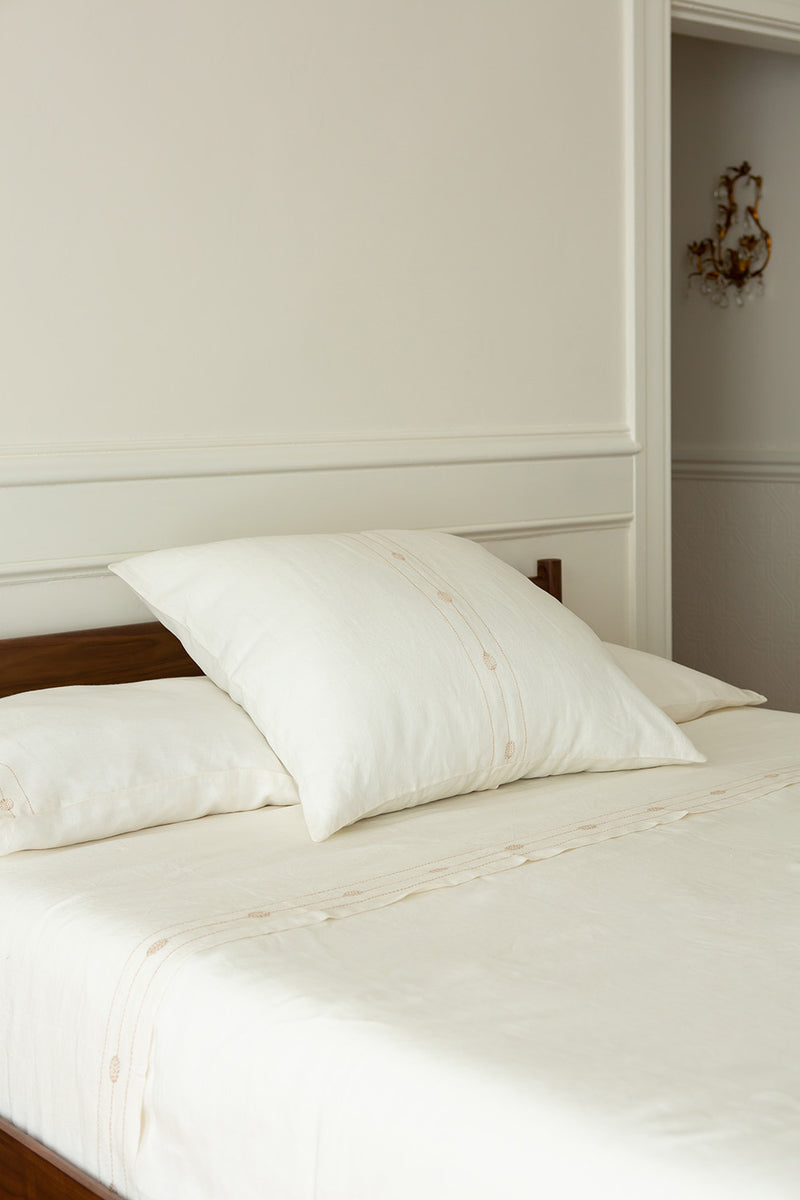 Totem Flat Top Sheet in Hand-embroidered Soft White Linen