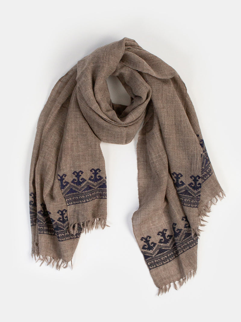 Khadi Wool Hand Embroidered Shawl in Bark