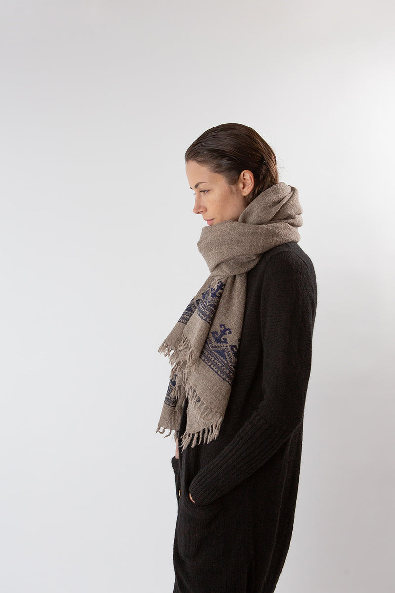 Khadi Wool Hand Embroidered Shawl in Bark
