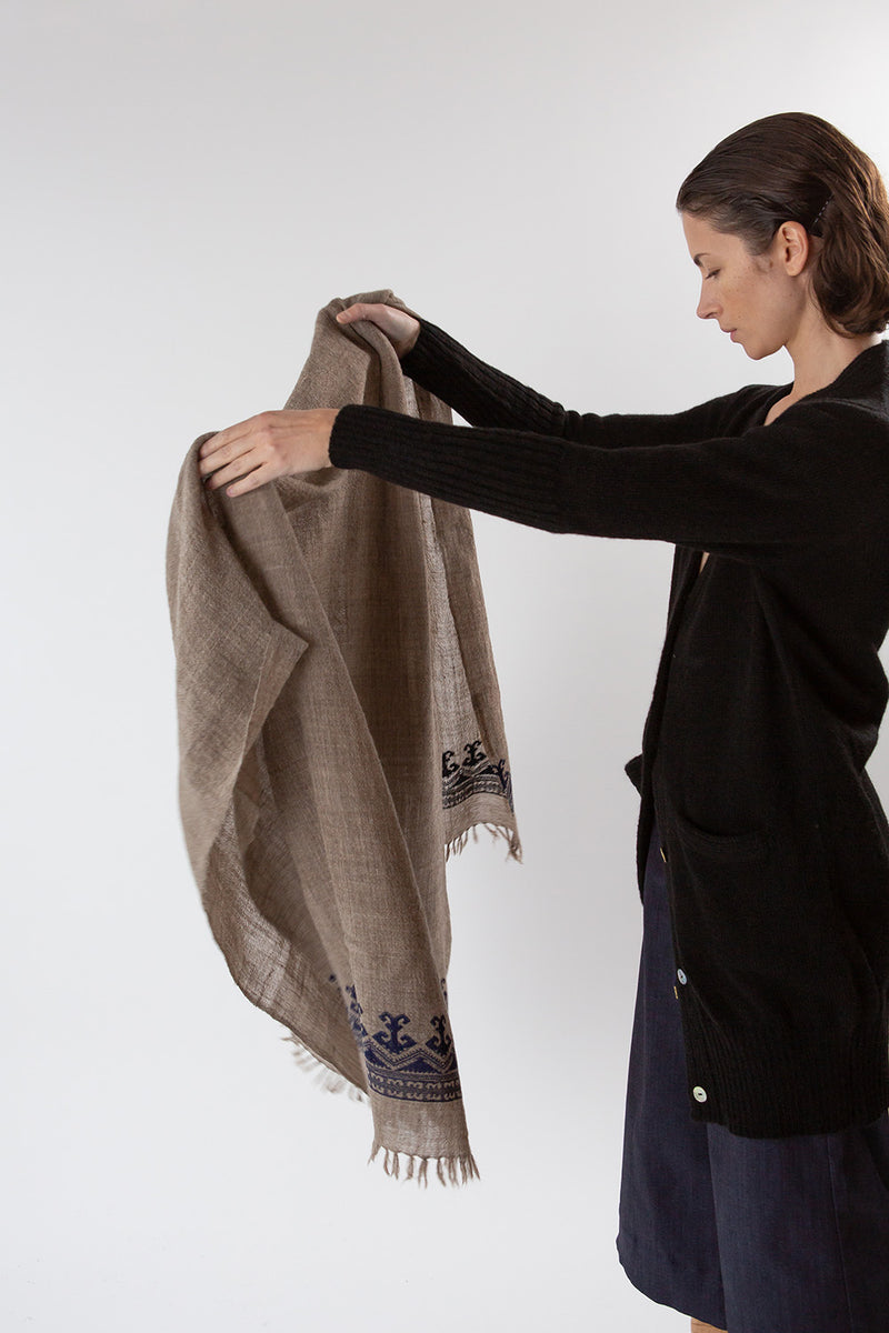 Khadi Wool Hand Embroidered Shawl in Bark