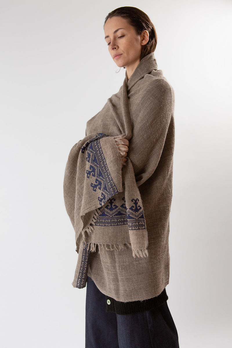 Khadi Wool Hand Embroidered Shawl in Bark
