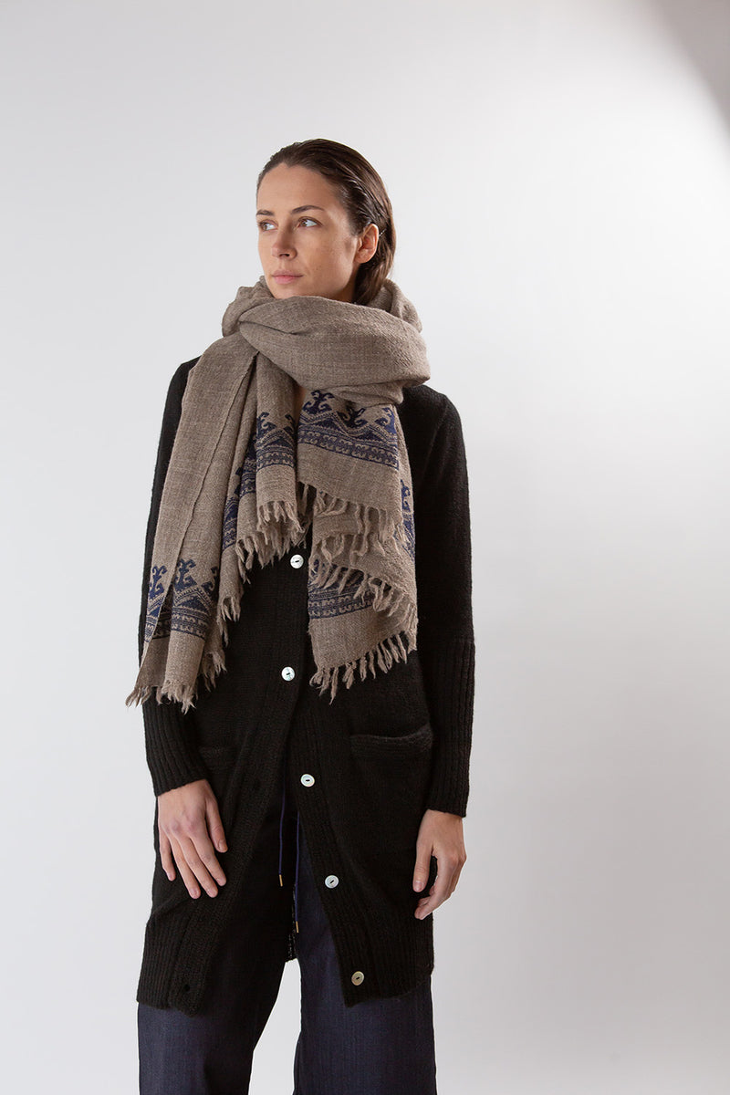 Khadi Wool Hand Embroidered Shawl in Bark