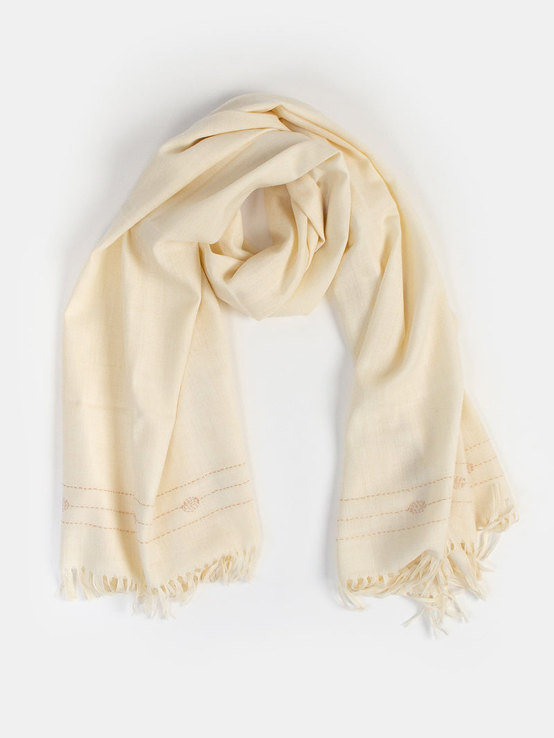 Khadi Wool Hand Embroidered Shawl in Soft White