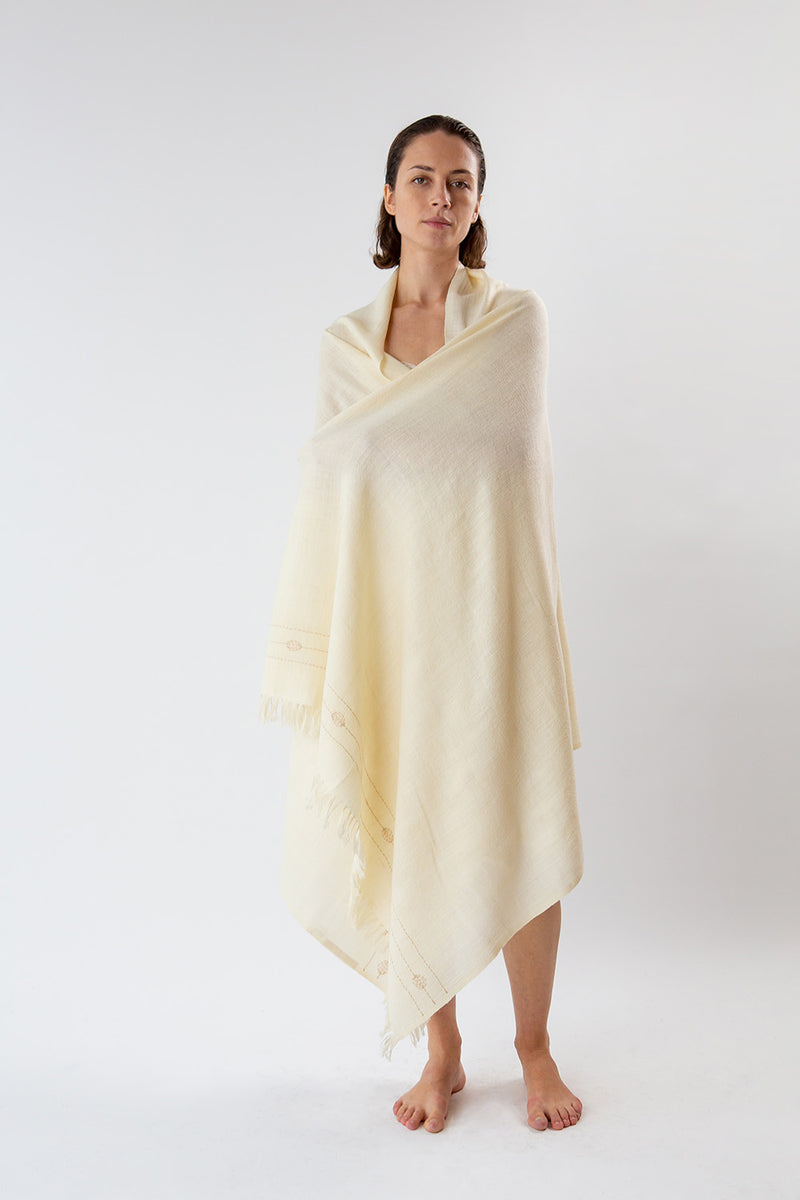 Khadi Wool Hand Embroidered Shawl in Soft White