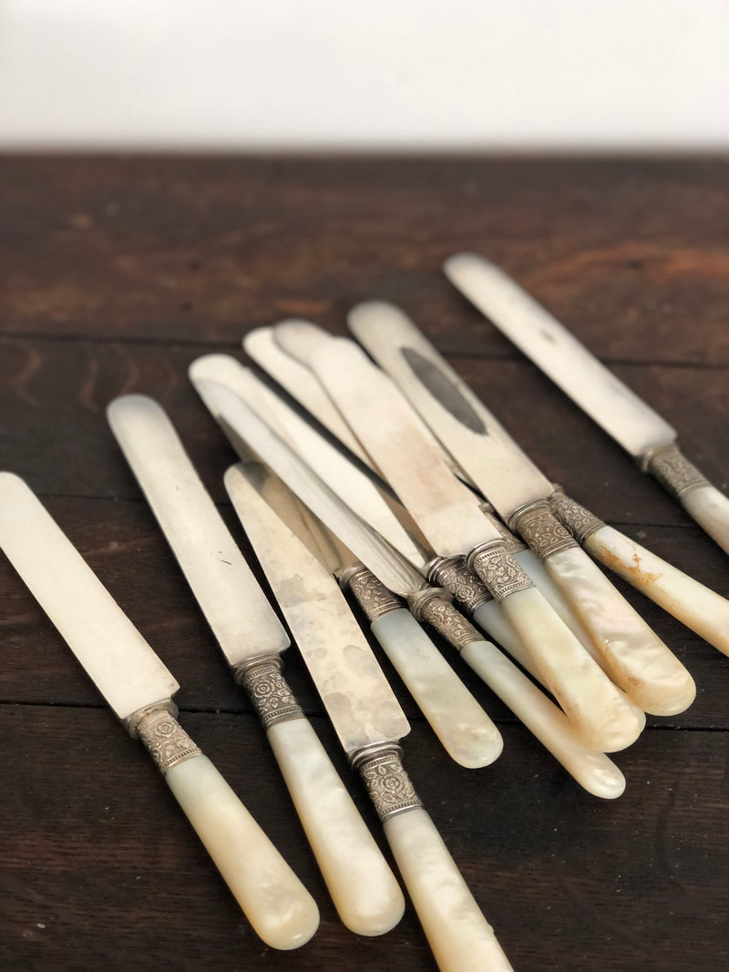 Set of 12 Antique Silver and Mother of Pearl Knives