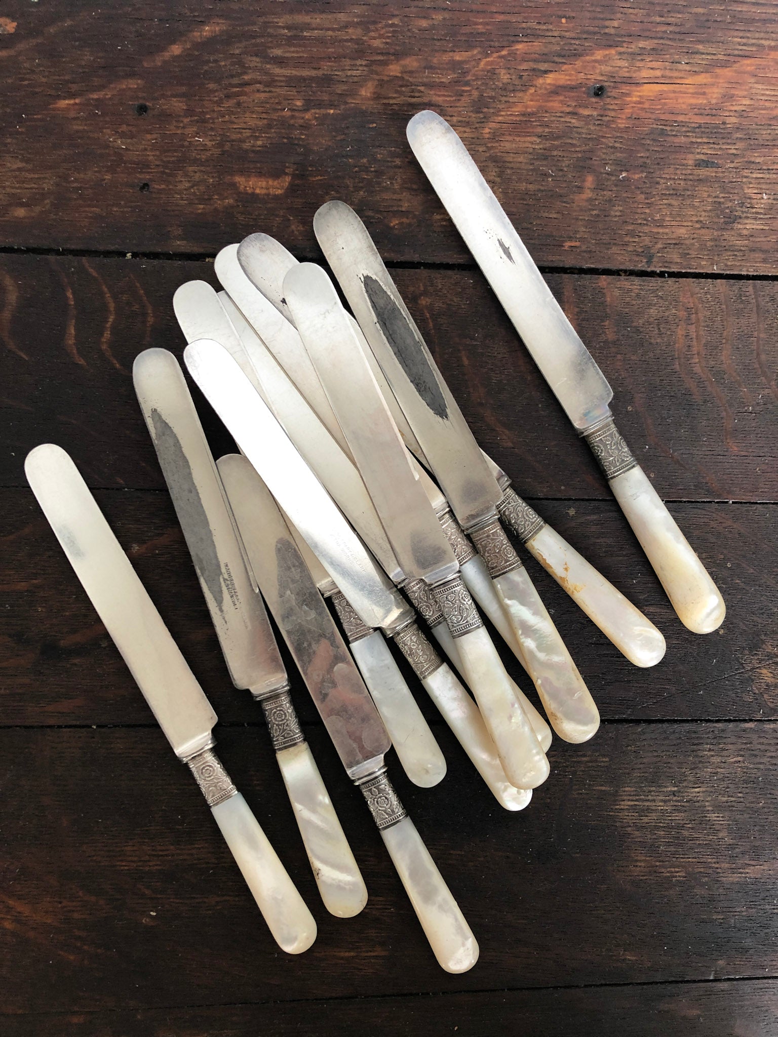 Erica Tanov Set of 12 Antique Silver and Mother of Pearl Knives
