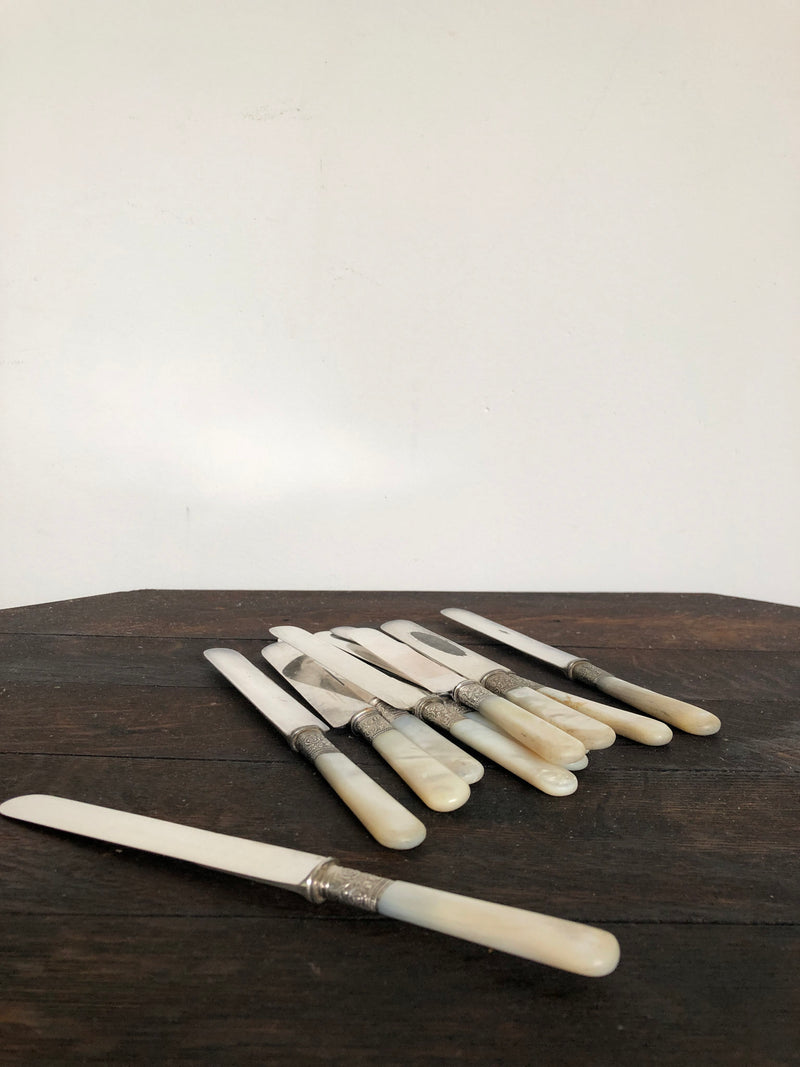 Set of 12 Antique Silver and Mother of Pearl Knives