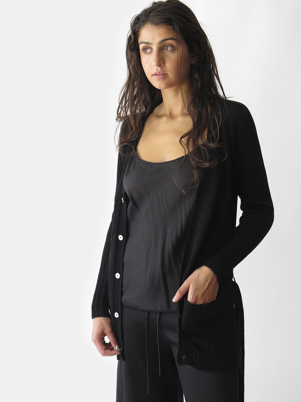 Pima Cotton Belted Cardigan in Black