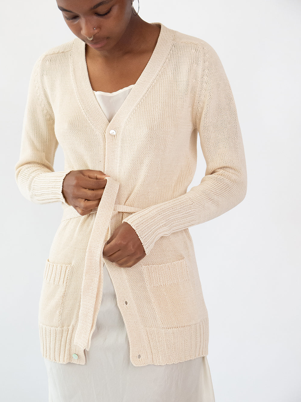 Pima Cotton Belted Cardigan in Natural