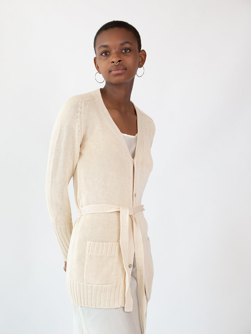 Pima Cotton Belted Cardigan in Natural