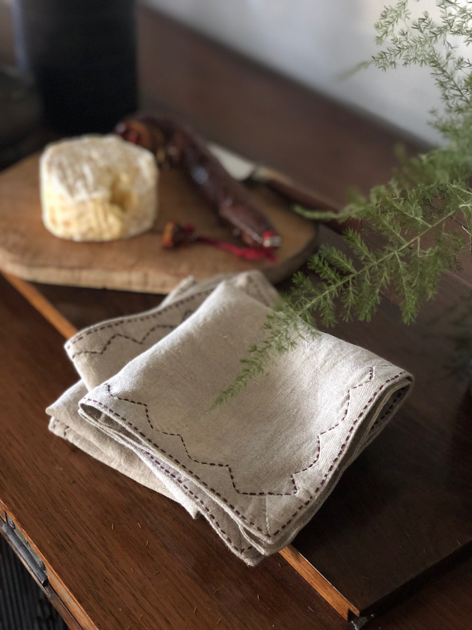 Mountain Cocktail Napkin in Hand-embroidered Natural Linen