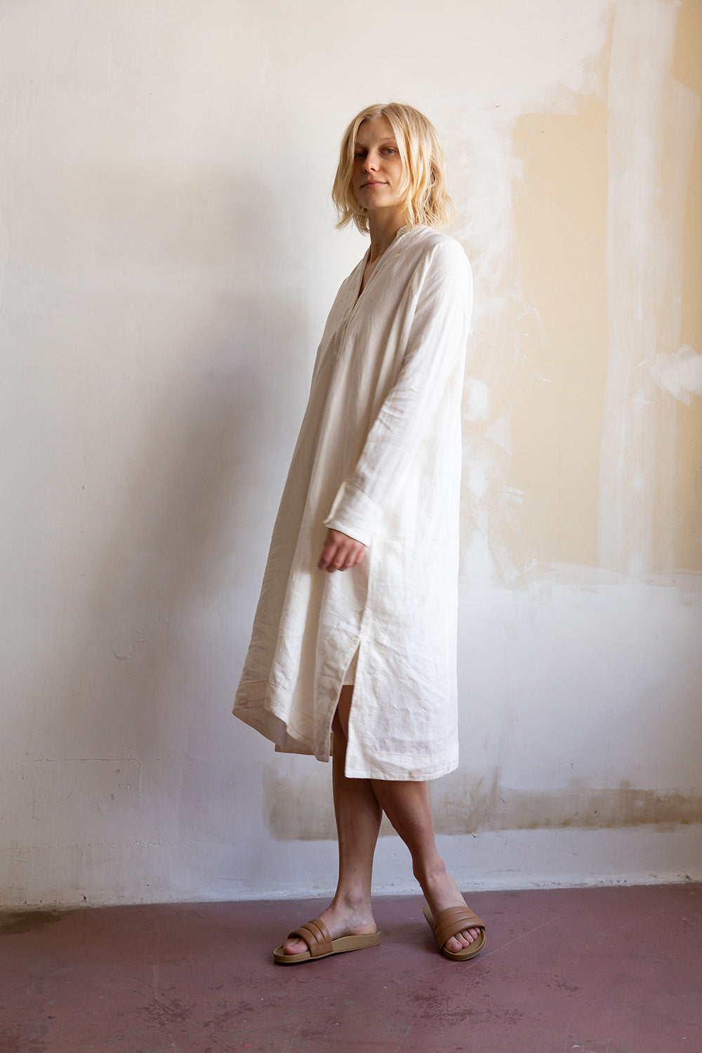 Rekha Linen Hand Embroidered Dress in Off White