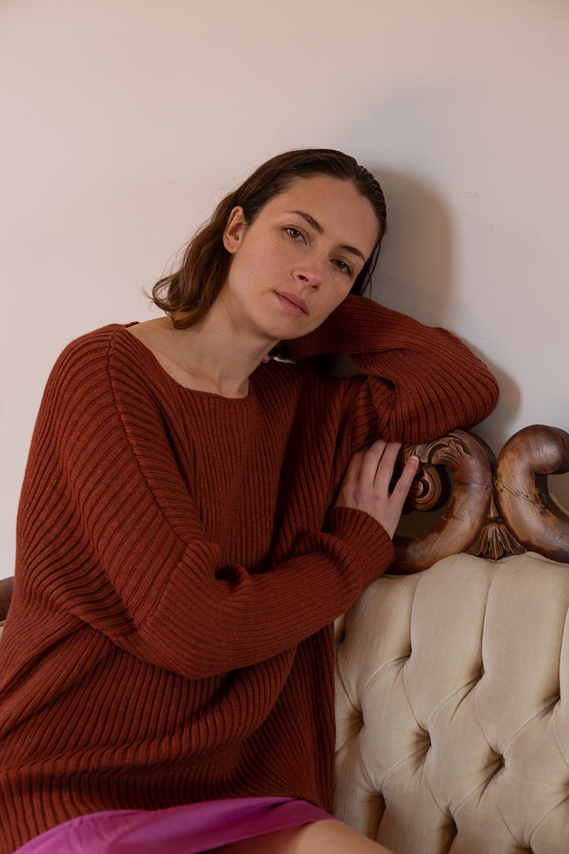 Pima Cotton Ribbed Pullover in Madrone