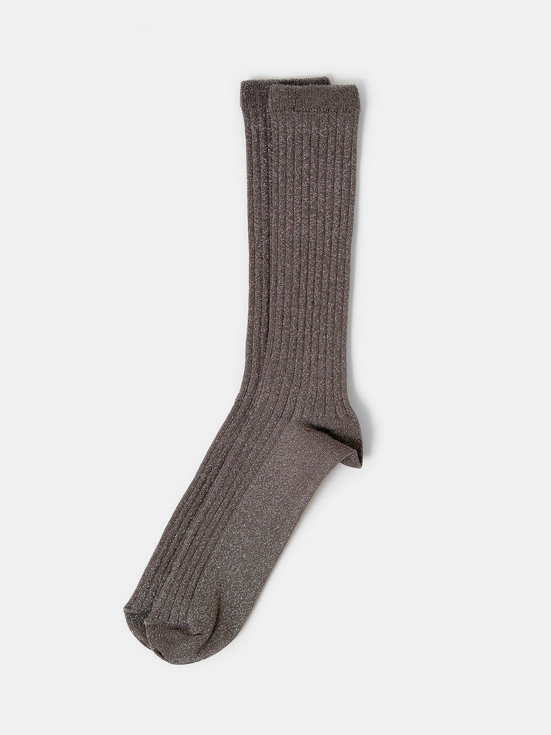 Metallic Ribbed Sock in Pewter