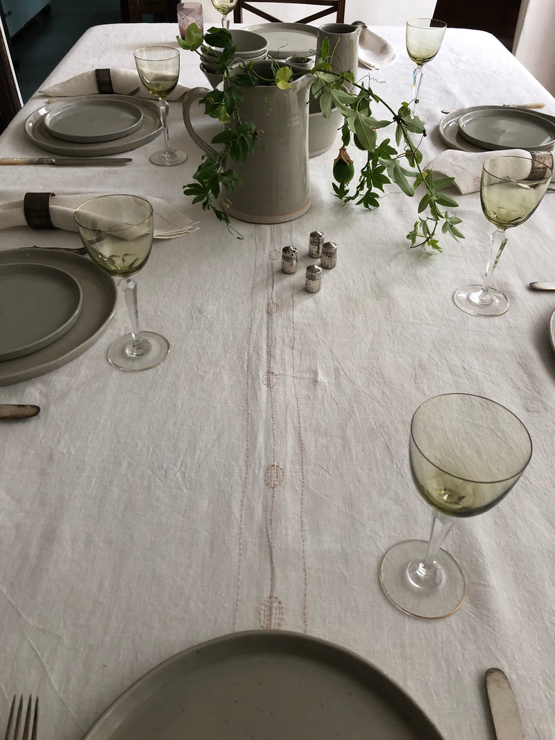 Totem Tablecloth in Hand-embroidered Soft White Linen