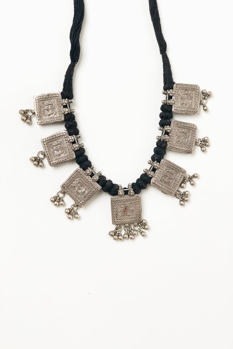 Vintage Indian Silver Square Pendant Necklace