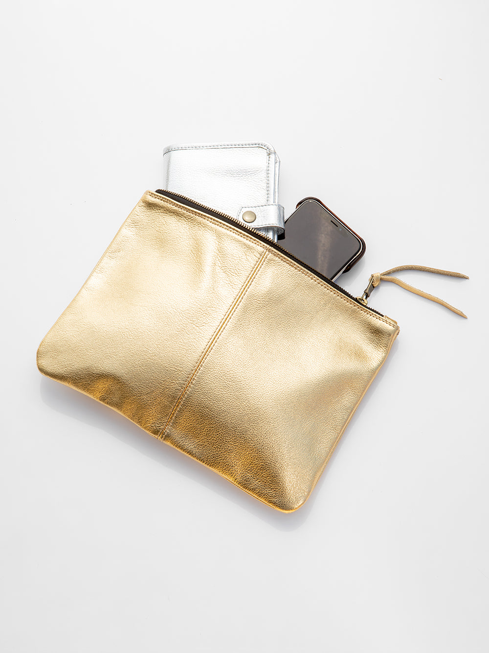 Elke Leather Zip Clutch in Gold